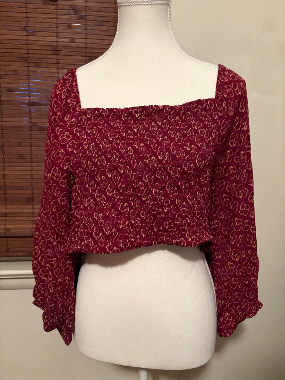 Tree of Life Burgundy Floral Smocked Square-Neck Blouse